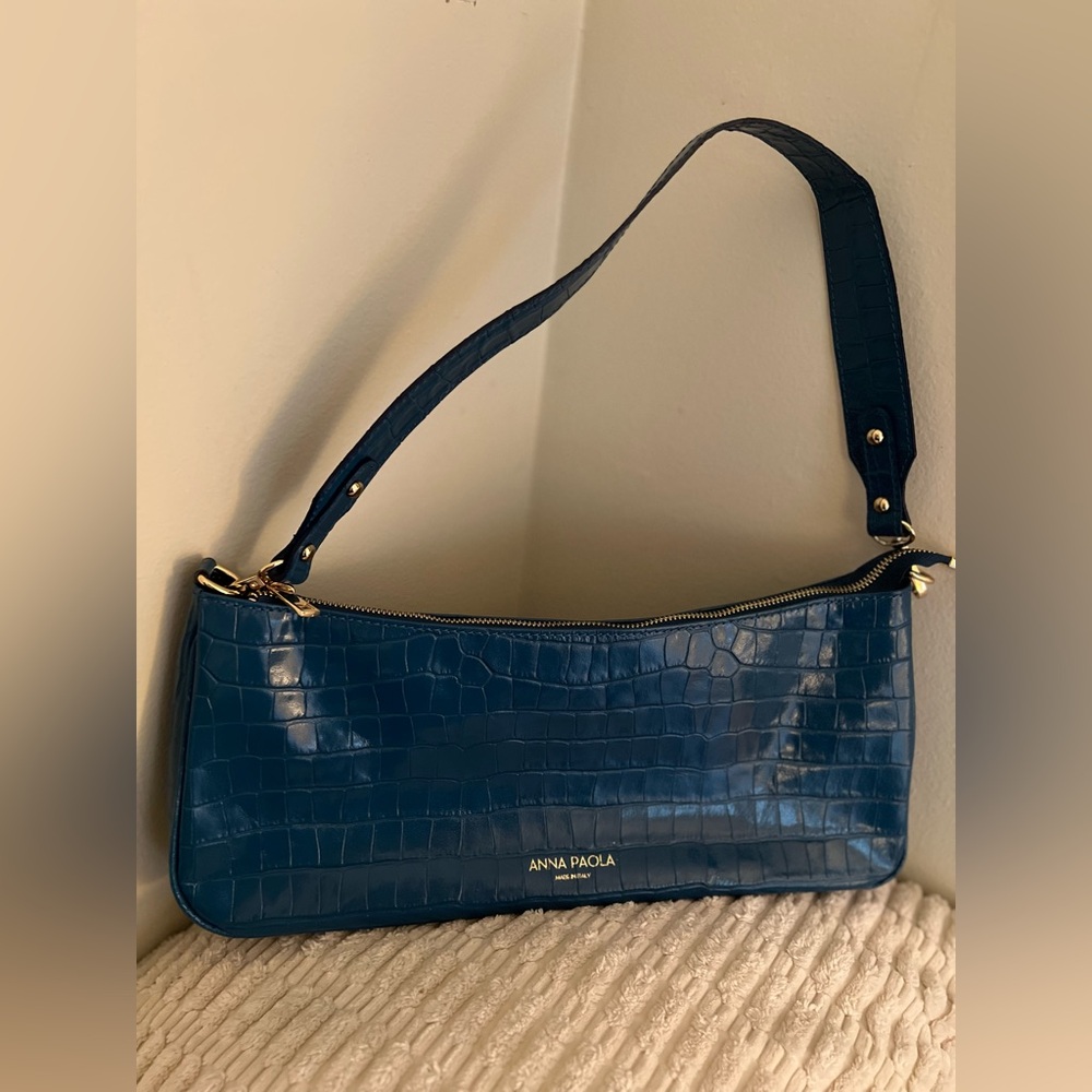 Anna Paola Blue Croc Embossed Italian Leather Shoulder Bag